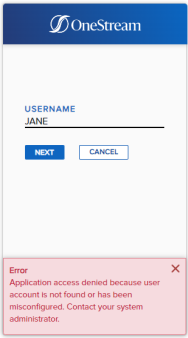 The Login dialog box has a blue banner at the top with the OneStream logo. The error message at the bottom of the dialog box has a pink background with red text.